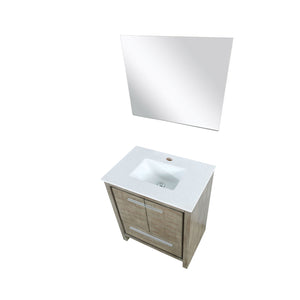Lexora Lafarre 30" Rustic Acacia Bathroom Vanity, White Quartz Top, White Square Sink, and 28" Frameless Mirror LLF30SKSOSM28