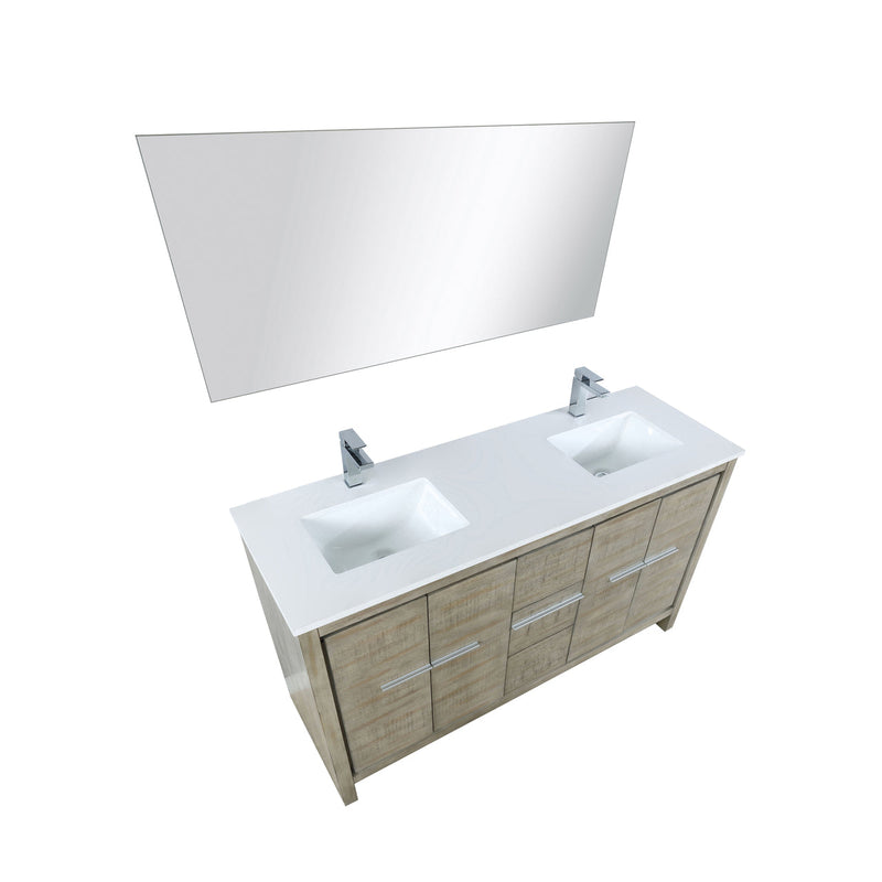 Lexora Lafarre 60" Rustic Acacia Double Bathroom Vanity, White Quartz Top, White Square Sinks, Labaro Brushed Nickel Faucet Set, and 55" Frameless Mirror LLF60DKSODM55FBN