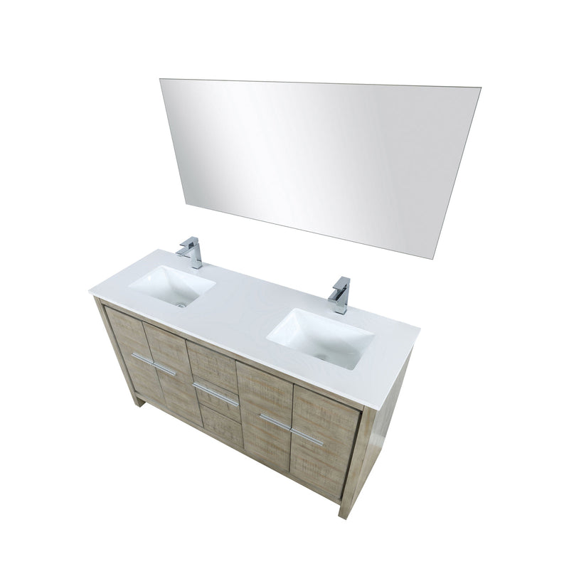 Lexora Lafarre 60" Rustic Acacia Double Bathroom Vanity, White Quartz Top, White Square Sinks, Labaro Brushed Nickel Faucet Set, and 55" Frameless Mirror LLF60DKSODM55FBN
