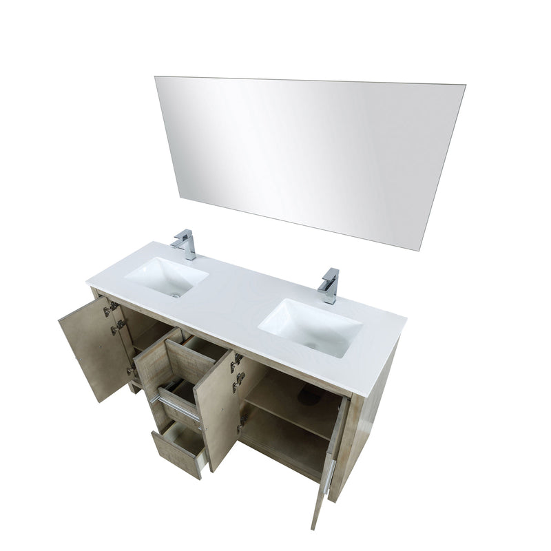 Lexora Lafarre 60" Rustic Acacia Double Bathroom Vanity, White Quartz Top,White Square Sinks, Labaro Rose Gold Faucet Set, and 55" Frameless Mirror LLF60DKSODM55FRG