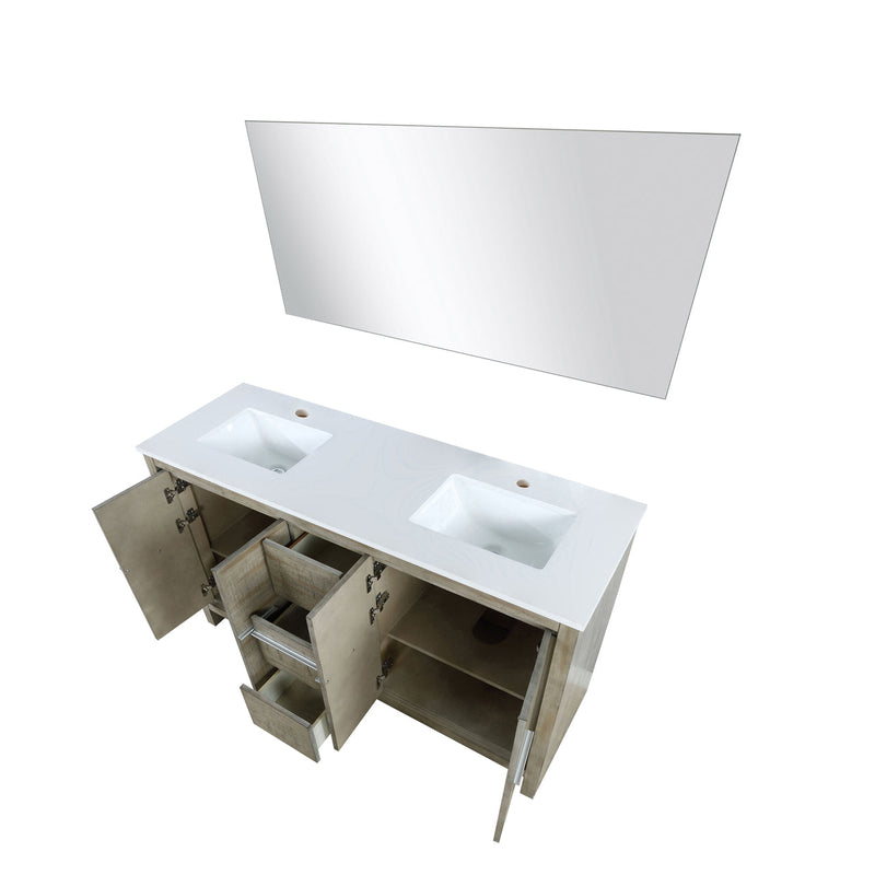 Lexora Lafarre 60" Rustic Acacia Double Bathroom Vanity, White Quartz Top, White Square Sinks, and 55" Frameless Mirror LLF60DKSODM55