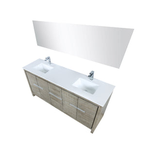 Lexora Lafarre 72" Rustic Acacia Double Bathroom Vanity, White Quartz Top, White Square Sinks, Labaro Rose Gold Faucet Set, and 70" Frameless Mirror LLF72DKSODM70FRG