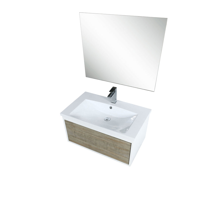 Lexora Scopi 30" Rustic Acacia Bathroom Vanity, Acrylic Composite Top with Integrated Sink, Labaro Brushed Nickel Faucet Set, and 28" Frameless Mirror LSC30SRAOSM28FBN