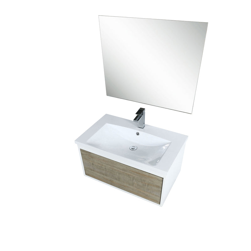 Lexora Scopi 30" Rustic Acacia Bathroom Vanity, Acrylic Composite Top with Integrated Sink, Balzani Gun Metal Faucet Set, and 28" Frameless Mirror LSC30SRAOSM28FGM