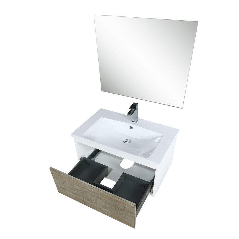 Lexora Scopi 30" Rustic Acacia Bathroom Vanity, Acrylic Composite Top with Integrated Sink, Balzani Gun Metal Faucet Set, and 28" Frameless Mirror LSC30SRAOSM28FGM