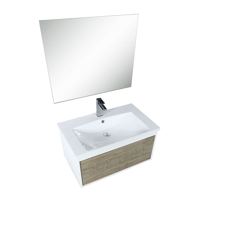 Lexora Scopi 30" Rustic Acacia Bathroom Vanity, Acrylic Composite Top with Integrated Sink, Labaro Rose Gold Faucet Set, and 28" Frameless Mirror LSC30SRAOSM28FRG
