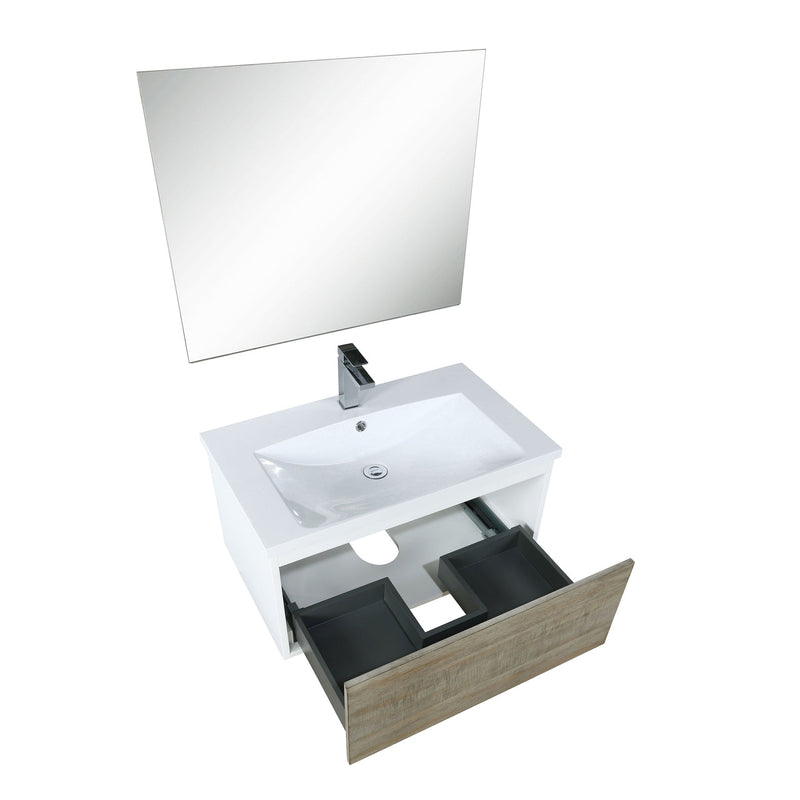 Lexora Scopi 30" Rustic Acacia Bathroom Vanity, Acrylic Composite Top with Integrated Sink, Labaro Rose Gold Faucet Set, and 28" Frameless Mirror LSC30SRAOSM28FRG