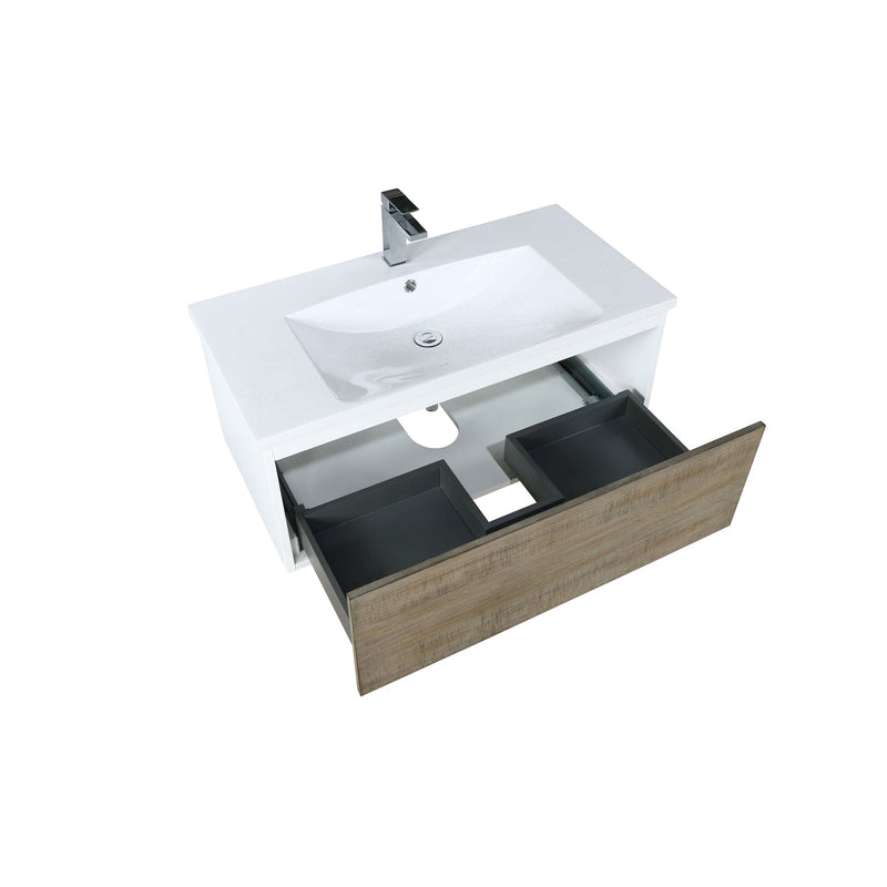 Lexora Scopi 36" Rustic Acacia Bathroom Vanity, Acrylic Composite Top with Integrated Sink, and Labaro Rose Gold Faucet Set LSC36SRAOS000FRG