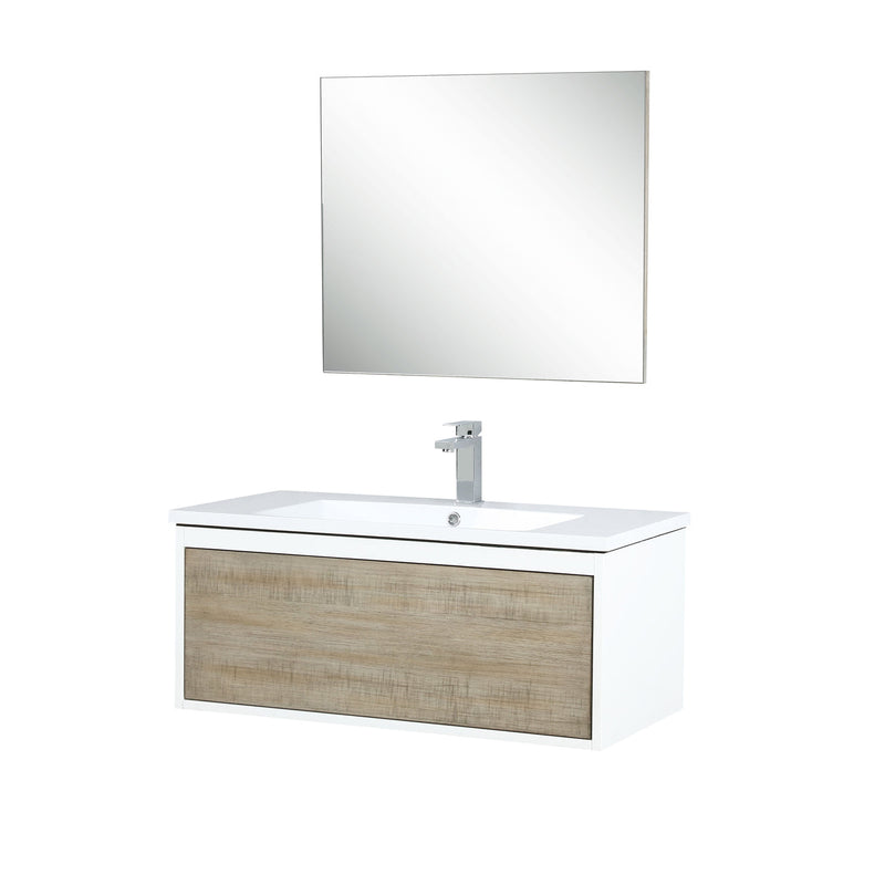 Lexora Scopi 36" Rustic Acacia Bathroom Vanity, Acrylic Composite Top with Integrated Sink, Balzani Gun Metal Faucet Set, and 28" Frameless Mirror LSC36SRAOSM28FGM