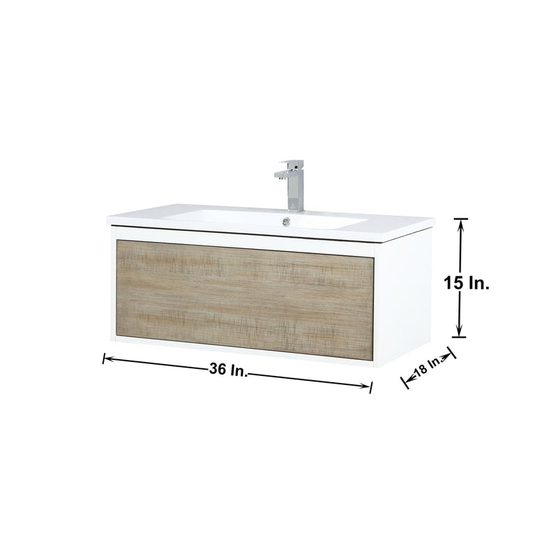 Lexora Scopi 36" Rustic Acacia Bathroom Vanity, Acrylic Composite Top with Integrated Sink, Balzani Gun Metal Faucet Set, and 28" Frameless Mirror LSC36SRAOSM28FGM