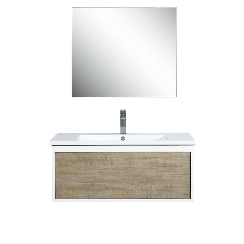 Lexora Scopi 36" Rustic Acacia Bathroom Vanity, Acrylic Composite Top with Integrated Sink, Balzani Gun Metal Faucet Set, and 28" Frameless Mirror LSC36SRAOSM28FGM