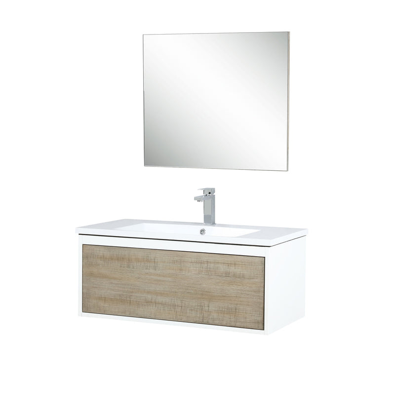 Lexora Scopi 36" Rustic Acacia Bathroom Vanity, Acrylic Composite Top with Integrated Sink, Labaro Rose Gold Faucet Set, and 28" Frameless Mirror LSC36SRAOSM28FRG