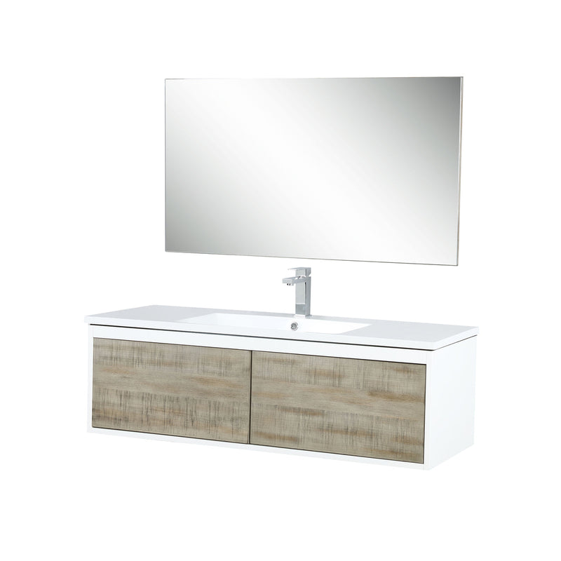 Lexora Scopi 48" Rustic Acacia Bathroom Vanity, Acrylic Composite Top with Integrated Sink, Labaro Brushed Nickel Faucet Set, and 43" Frameless Mirror LSC48SRAOSM43FBN