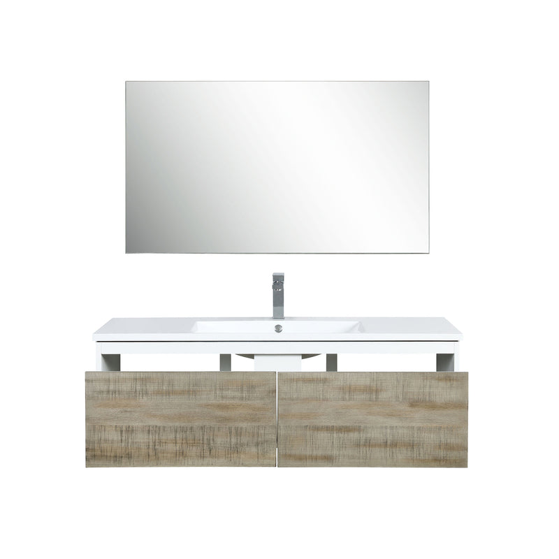 Lexora Scopi 48" Rustic Acacia Bathroom Vanity, Acrylic Composite Top with Integrated Sink, Labaro Brushed Nickel Faucet Set, and 43" Frameless Mirror LSC48SRAOSM43FBN