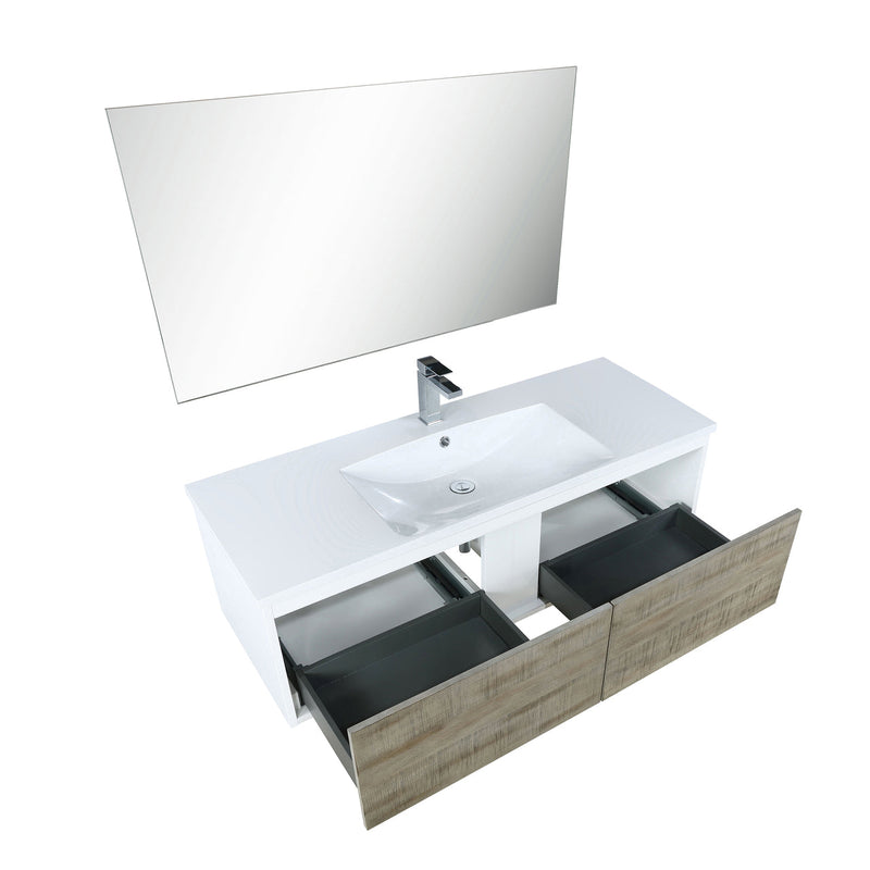 Lexora Scopi 48" Rustic Acacia Bathroom Vanity, Acrylic Composite Top with Integrated Sink, Labaro Brushed Nickel Faucet Set, and 43" Frameless Mirror LSC48SRAOSM43FBN