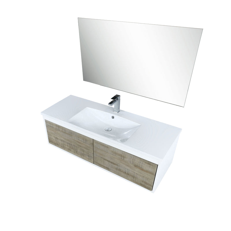 Lexora Scopi 48" Rustic Acacia Bathroom Vanity, Acrylic Composite Top with Integrated Sink, Labaro Brushed Nickel Faucet Set, and 43" Frameless Mirror LSC48SRAOSM43FBN