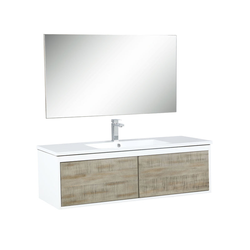 Lexora Scopi 48" Rustic Acacia Bathroom Vanity, Acrylic Composite Top with Integrated Sink, Labaro Brushed Nickel Faucet Set, and 43" Frameless Mirror LSC48SRAOSM43FBN