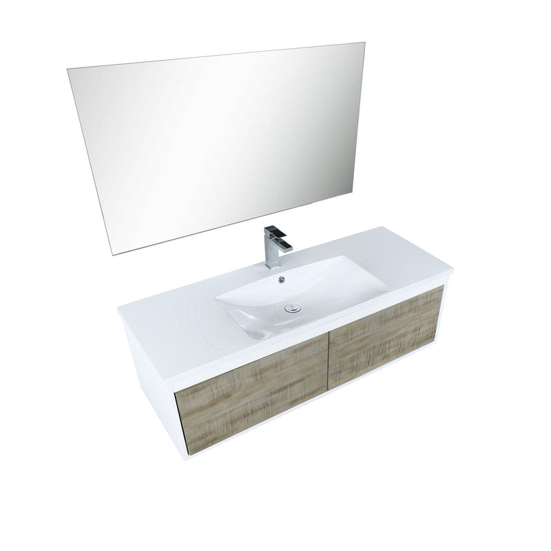 Lexora Scopi 48" Rustic Acacia Bathroom Vanity, Acrylic Composite Top with Integrated Sink, Balzani Gun Metal Faucet Set, and 43" Frameless Mirror LSC48SRAOSM43FGM