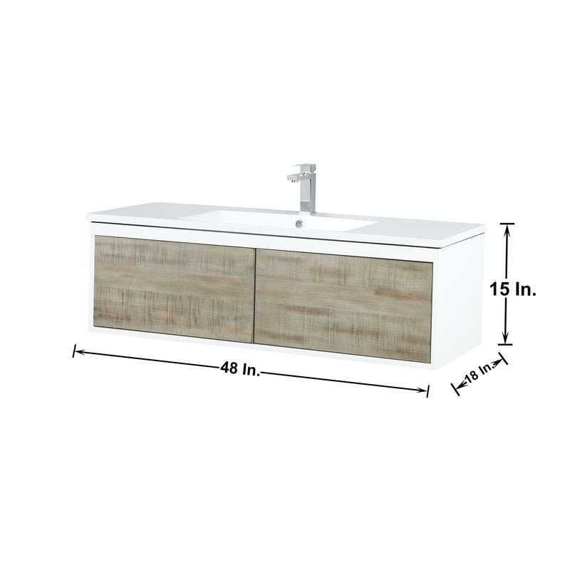 Lexora Scopi 48" Rustic Acacia Bathroom Vanity, Acrylic Composite Top with Integrated Sink, Labaro Rose Gold Faucet Set, and 43" Frameless Mirror LSC48SRAOSM43FRG
