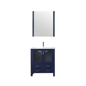 Lexora  Volez 30" Navy Blue Single Vanity, Integrated Top, White Integrated Square Sink and 28" Mirror LV341830SEESM28