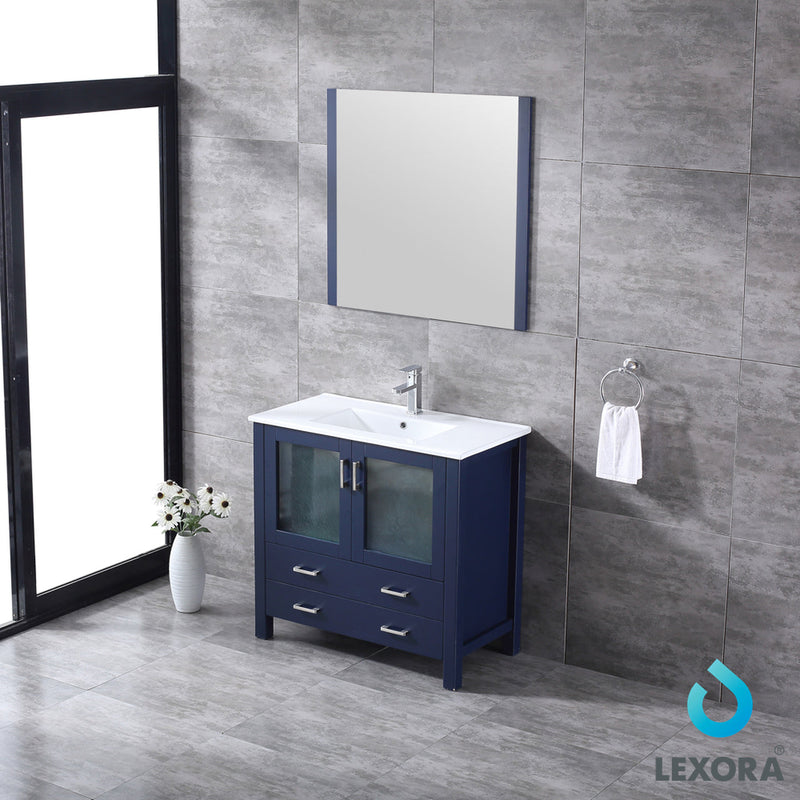 Lexora  Volez 36" Navy Blue Single Vanity, Integrated Top, White Integrated Square Sink and 34" Mirror LV341836SEESM34