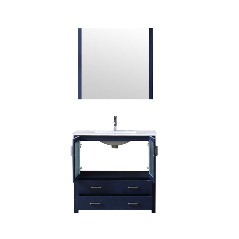 Lexora  Volez 36" Navy Blue Single Vanity, Integrated Top, White Integrated Square Sink and 34" Mirror w/ Faucet LV341836SEESM34F