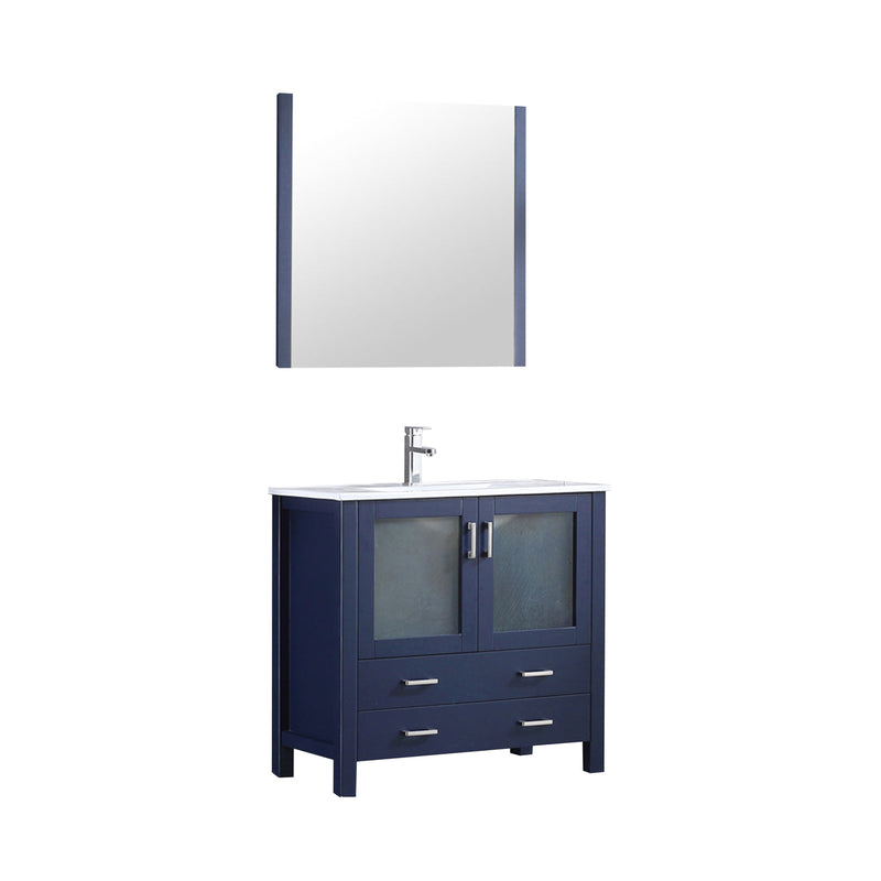 Lexora  Volez 36" Navy Blue Single Vanity, Integrated Top, White Integrated Square Sink and 34" Mirror w/ Faucet LV341836SEESM34F
