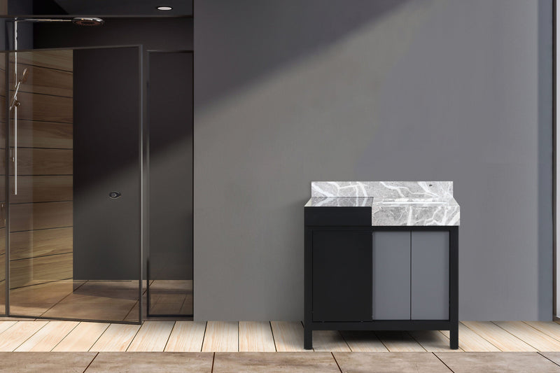 Lexora Zilara 36" Black and Grey Vanity, Castle Grey Marble Top, and White Square Sink - LZ342236SLIS000