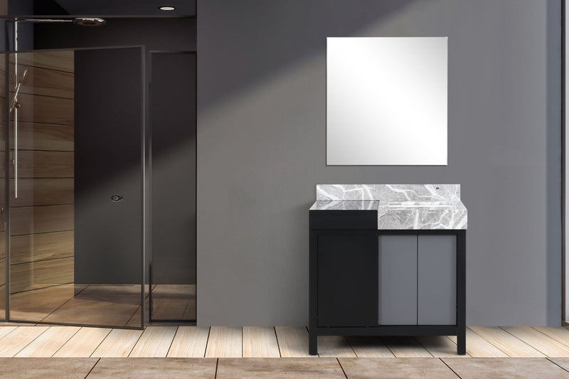 Lexora Zilara 36" Black and Grey Vanity, Castle Grey Marble Top, White Square Sink, and 30" Frameless Mirror - LZ342236SLISM30