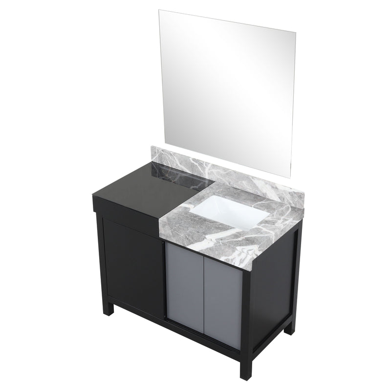 Lexora Zilara 42" Black and Grey Vanity, Castle Grey Marble Top, White Square Sink, and 34" Frameless Mirror - LZ342242SLISM34