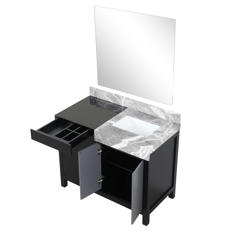 Lexora Zilara 42" Black and Grey Vanity, Castle Grey Marble Top, White Square Sink, and 34" Frameless Mirror - LZ342242SLISM34