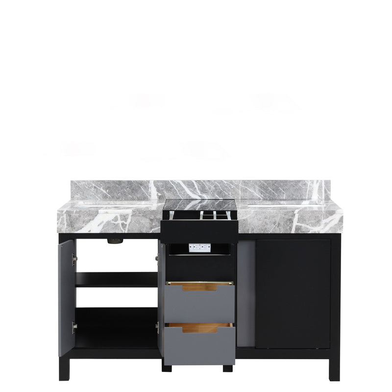 Lexora Zilara 55" Black and Grey Double Vanity, Castle Grey Marble Tops, and White Square Sinks - LZ342255SLIS000