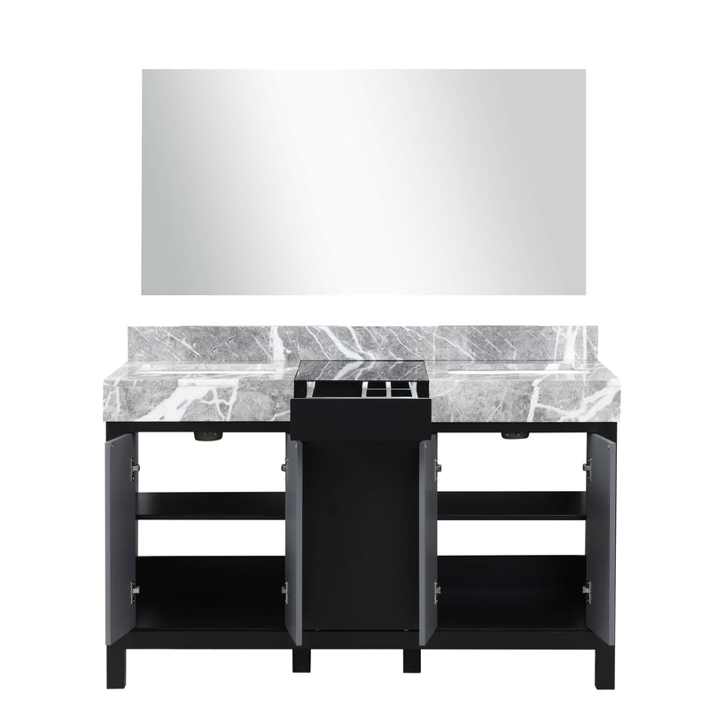 Lexora Zilara 55" Black and Grey Double Vanity, Castle Grey Marble Tops, White Square Sinks, and 53" Frameless Mirror - LZ342255SLISM53