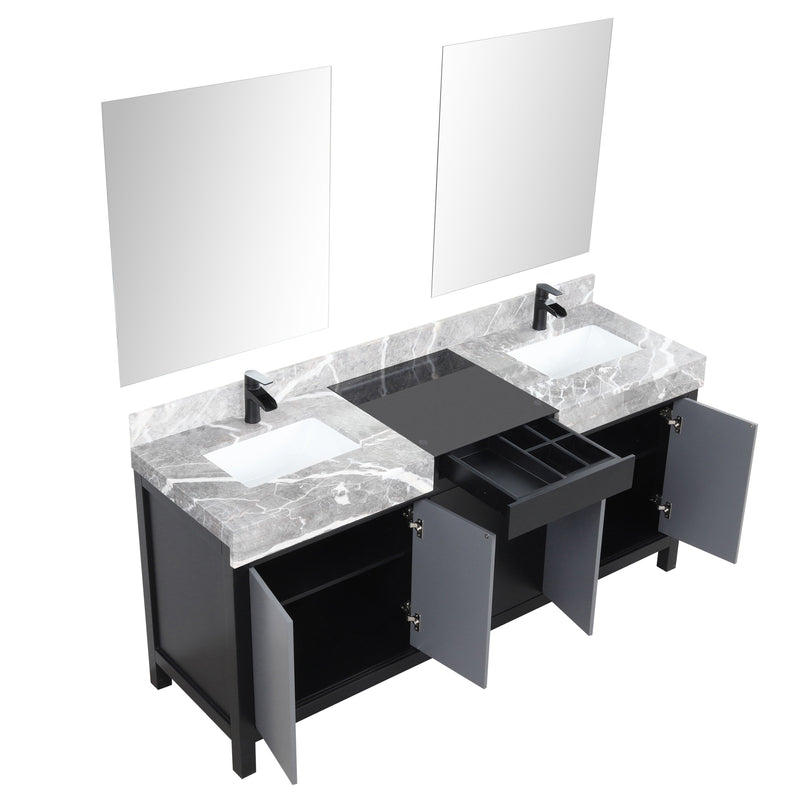 Lexora Zilara 72" Black and Grey Double Vanity, Castle Grey Marble Tops, White Square Sinks, Balzani Gun Metal Faucet Set, and 28" Frameless Mirrors - LZ342272DLISM28FBG