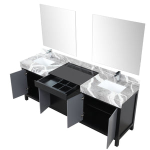 Lexora Zilara 84" Black and Grey Double Vanity, Castle Grey Marble Tops, White Square Sinks, Monte Chrome Faucet Set, and 34" Frameless Mirrors - LZ342284DLISM34FBG