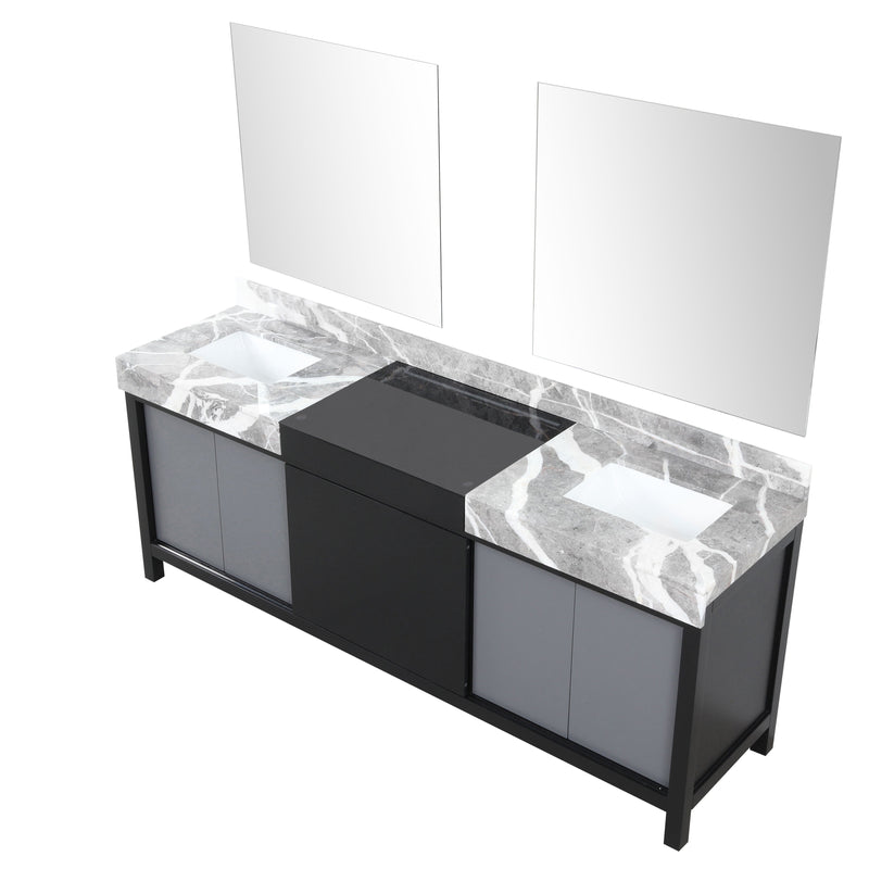 Lexora Zilara 84" Black and Grey Double Vanity, Castle Grey Marble Tops, White Square Sinks, and 34" Frameless Mirrors - LZ342284DLISM34