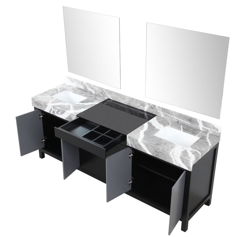 Lexora Zilara 84" Black and Grey Double Vanity, Castle Grey Marble Tops, White Square Sinks, and 34" Frameless Mirrors - LZ342284DLISM34