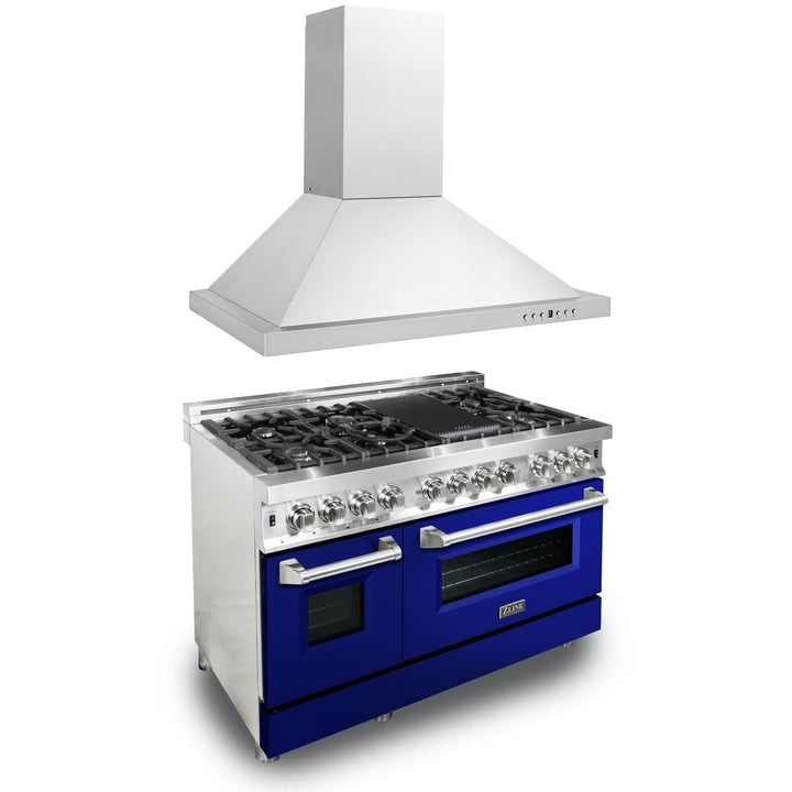 ZLINE Appliance Package - 48" Kitchen Package with Stainless Steel Dual Fuel Range with Blue Gloss Door and Convertible Vent Range Hood