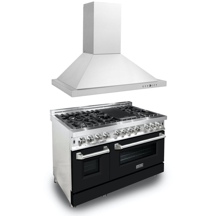 Products ZLINE Appliance Package - 48" Stainless Steel Dual Fuel Range with Black Matte Door and Convertible Vent Range Hood