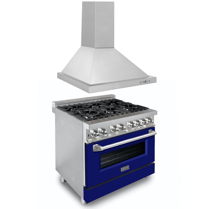 ZLINE Appliance Package - 36" Kitchen Package with Stainless Steel Dual Fuel Range with Blue Matte Door and Convertible Vent Range Hood