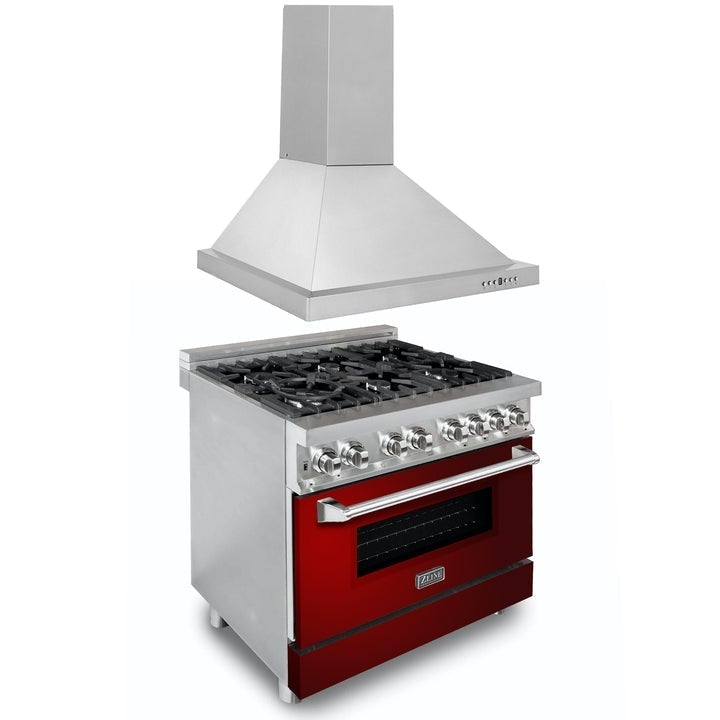 Products ZLINE Appliance Package - 36" Kitchen Package with Stainless Steel Dual Fuel Range with Red Gloss Door and Convertible Vent Range Hood