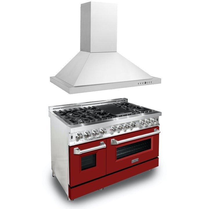 ZLINE Appliance Package - 48" Kitchen Package with DuraSnow® Stainless Steel Dual Fuel Range with Red Matte Door and Convertible Vent Range Hood