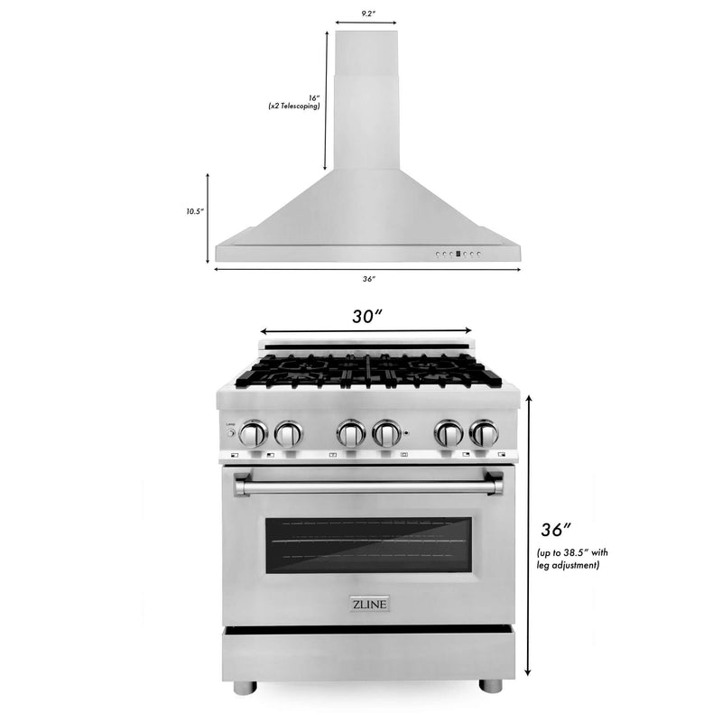 ZLINE 30 in. Kitchen Package with Stainless Steel Dual Fuel Range and Convertible Vent Range Hood (2KP-RARH30)