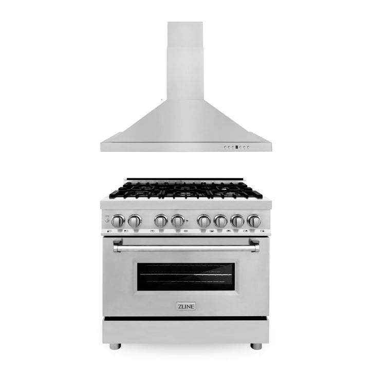 ZLINE Appliance Package - 36" in Stainless Steel Dual Fuel Range and Convertible Vent Range Hood