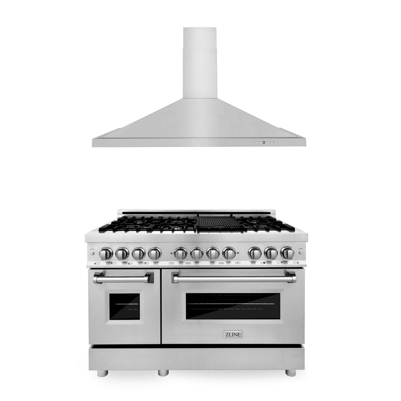 ZLINE 48 in. Kitchen Package with Stainless Steel Dual Fuel Range and Convertible Vent Range Hood (2KP-RARH48)