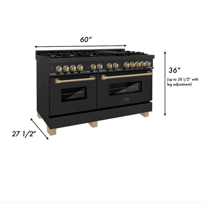 ZLINE Autograph Edition 60 in. 7.4 cu. ft. Dual Fuel Range with Gas Stove and Electric Oven in Black Stainless Steel with Champagne Bronze Accents (RABZ-60-CB)