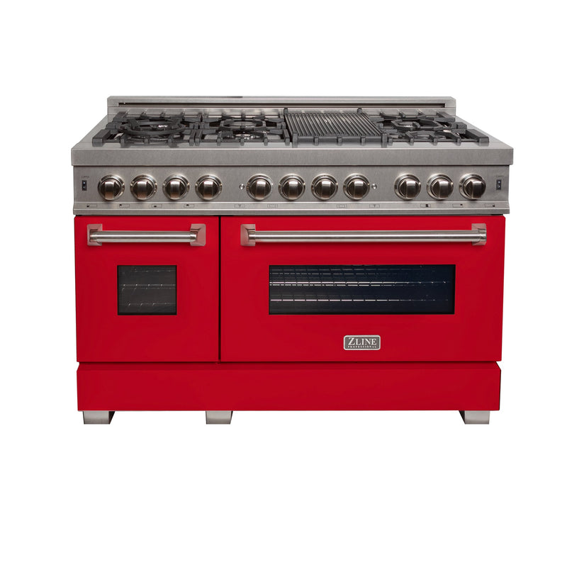 ZLINE 48 in. Kitchen Package with DuraSnow Stainless Steel Dual Fuel Range with Red Matte Door and Convertible Vent Range Hood (2KP-RASRMRH48)