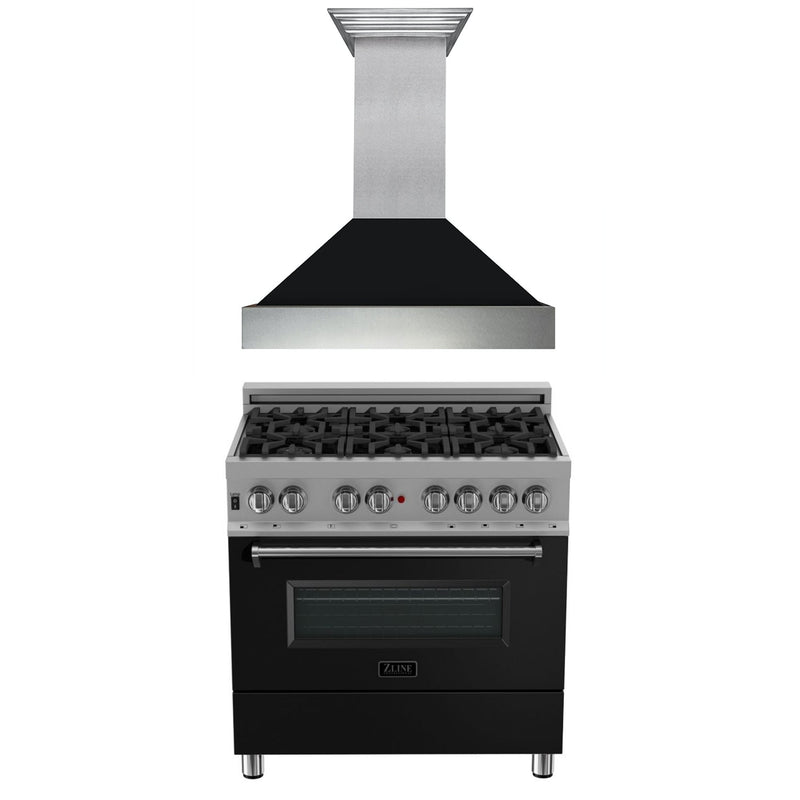 ZLINE 36 in. Kitchen Package with Fingerprint Resistant Stainless Steel Dual Fuel Range with Black Matte Door and Convertible Vent Range Hood (2KP-RASBLMRH36)