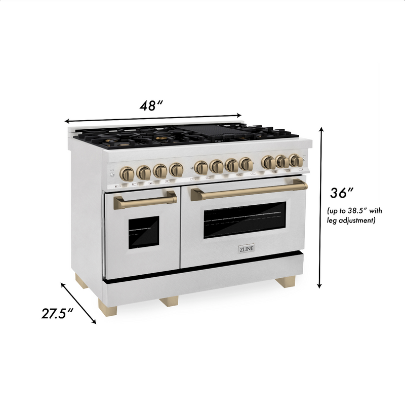 ZLINE Autograph Edition 48 in. 6.0 cu. ft. Dual Fuel Range with Gas Stove and Electric Oven in DuraSnow Stainless Steel with Champagne Bronze Accents (RASZ-SN-48-CB)