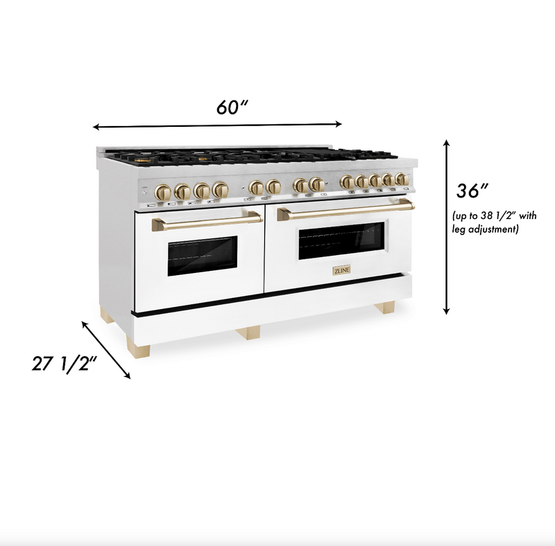 ZLINE Autograph Edition 60 in. 7.4 cu. ft. Dual Fuel Range with Gas Stove and Electric Oven in Stainless Steel with White Matte Door and Polished Gold Accents (RAZ-WM-60-G)